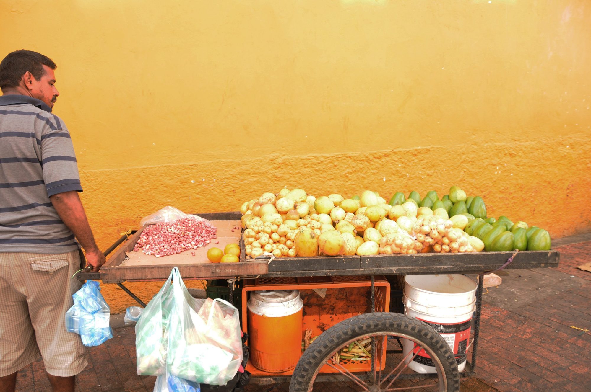 A man beside a handcart piled with onions, garlic and limes against a yellow wall, Cartagena, Colombia — photograph by Brian Walker